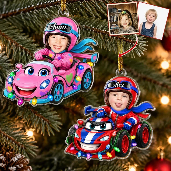 Personalized Acrylic Ornament, Child Racing in a Colorful Cartoon Car, Unique Christmas Gift for Kids