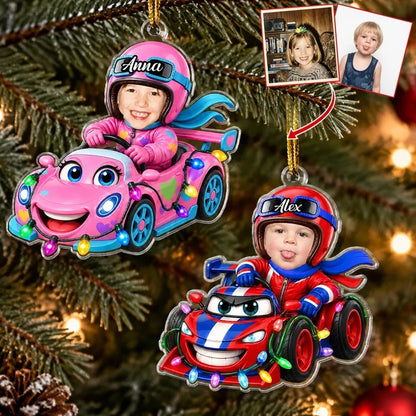 Personalized Acrylic Ornament, Child Racing in a Colorful Cartoon Car, Unique Christmas Gift for Kids