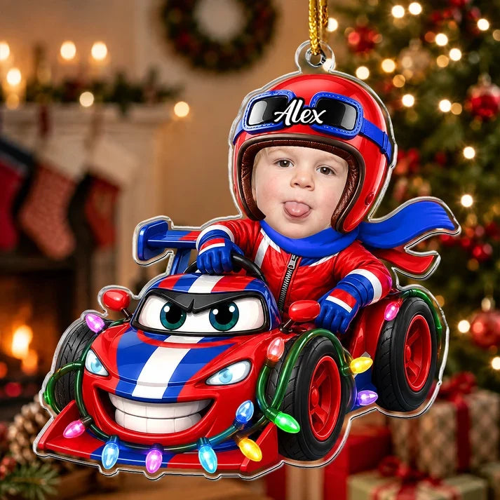 Personalized Acrylic Ornament, Child Racing in a Colorful Cartoon Car, Unique Christmas Gift for Kids