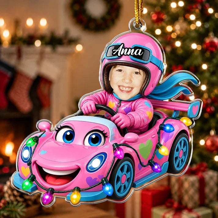 Personalized Acrylic Ornament, Child Racing in a Colorful Cartoon Car, Unique Christmas Gift for Kids