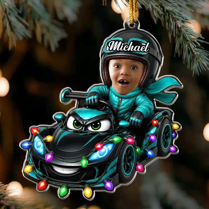 Personalized Acrylic Ornament, Child Racing in a Colorful Cartoon Car, Unique Christmas Gift for Kids
