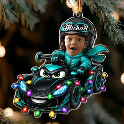 Personalized Acrylic Ornament, Child Racing in a Colorful Cartoon Car, Unique Christmas Gift for Kids
