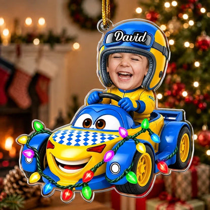 Personalized Acrylic Ornament, Child Racing in a Colorful Cartoon Car, Unique Christmas Gift for Kids
