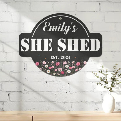 Personalized Shaped Metal Sign with Floral She Shed Design, Unique Gift for Women