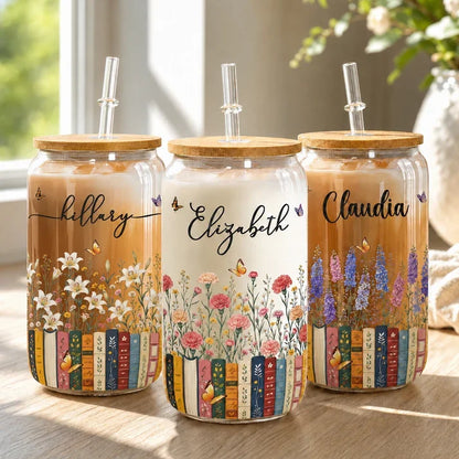Personalized Bamboo Lid Glass Cup with Floral Books and Butterflies, Unique Gift for Book Lovers