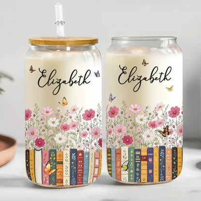 Personalized Bamboo Lid Glass Cup with Floral Books and Butterflies, Unique Gift for Book Lovers