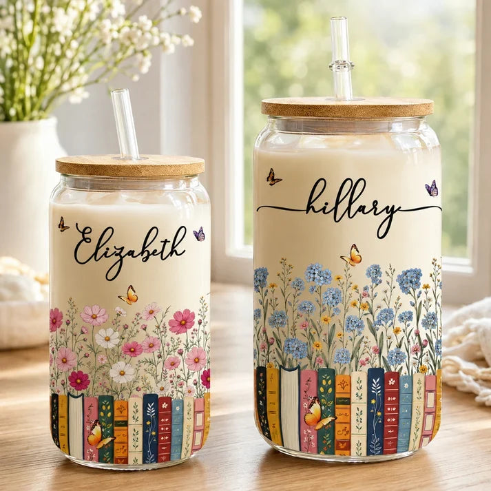 Personalized Bamboo Lid Glass Cup with Floral Books and Butterflies, Unique Gift for Book Lovers