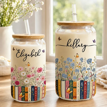Personalized Bamboo Lid Glass Cup with Floral Books and Butterflies, Unique Gift for Book Lovers