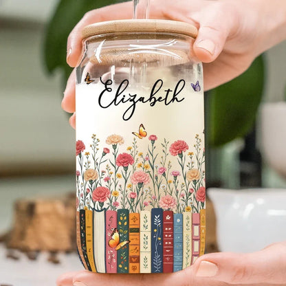 Personalized Bamboo Lid Glass Cup with Floral Books and Butterflies, Unique Gift for Book Lovers