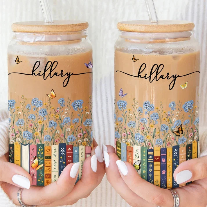 Personalized Bamboo Lid Glass Cup with Floral Books and Butterflies, Unique Gift for Book Lovers