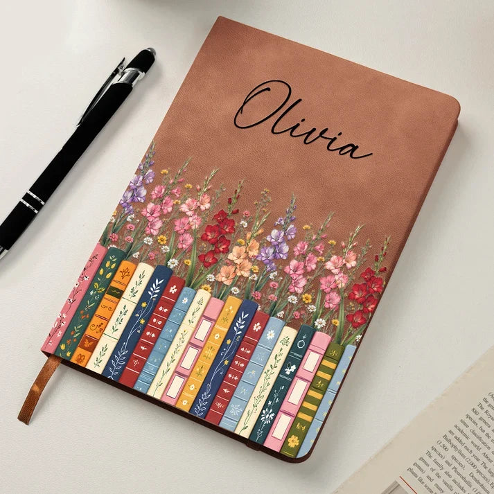 Personalized Leather Journal with Stacked Books, Wildflowers and Script Style, Unique Gift for Book Lovers