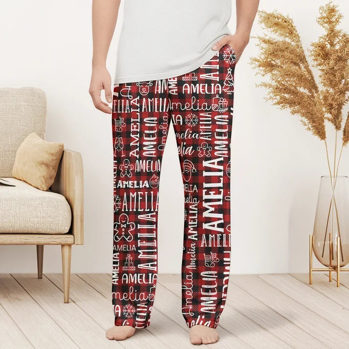 Personalized Printed Lounge Pants with Festive Pattern for Kids Standing Together, Creative Family Gift