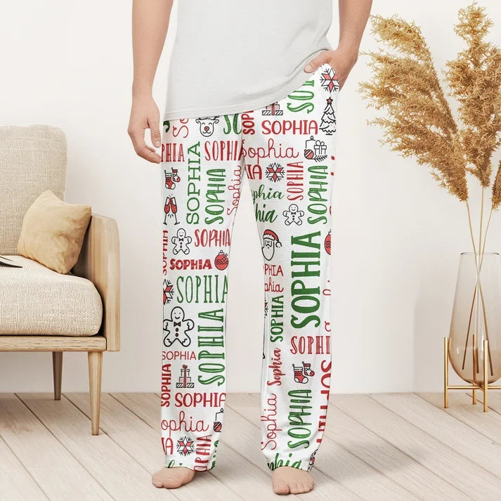 Personalized Printed Lounge Pants with Festive Pattern for Kids Standing Together, Creative Family Gift