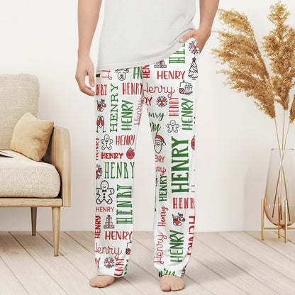Personalized Printed Lounge Pants with Festive Pattern for Kids Standing Together, Creative Family Gift