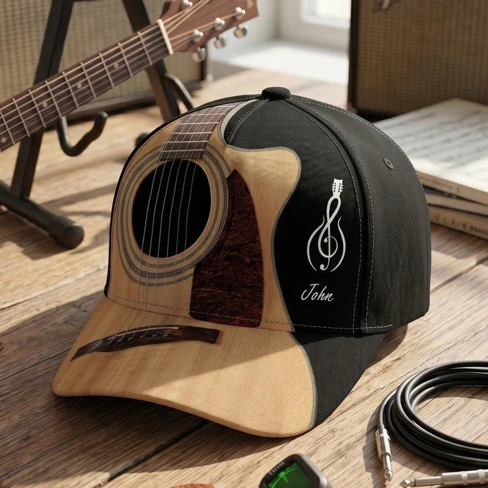 Personalized Classic Cap with Acoustic Guitar Design, Warm Wood Tones, Unique Gift for Guitarists