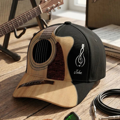 Personalized Classic Cap with Acoustic Guitar Design, Warm Wood Tones, Unique Gift for Guitarists