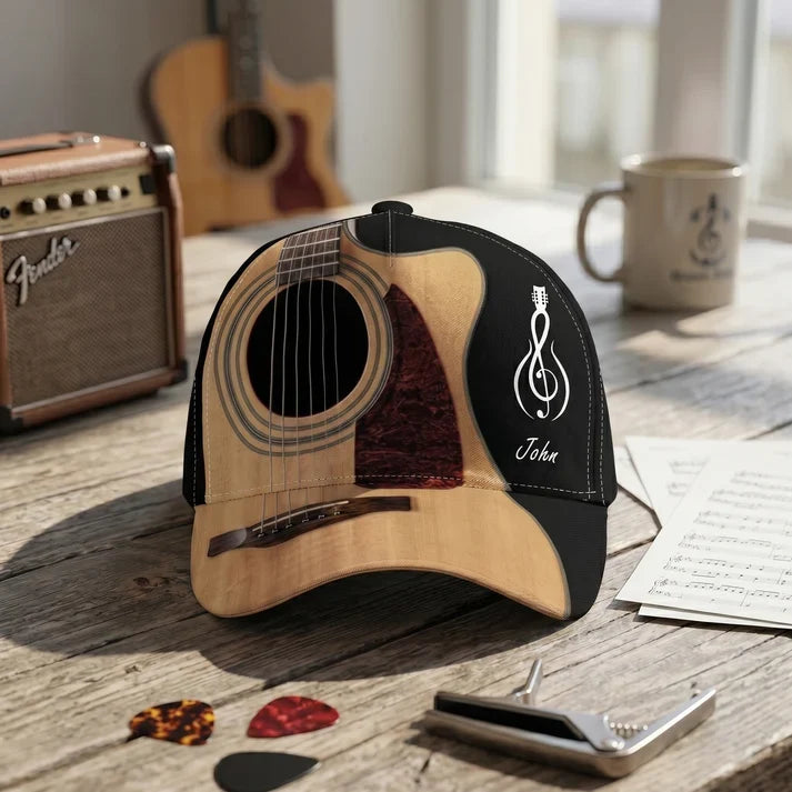 Personalized Classic Cap with Acoustic Guitar Design, Warm Wood Tones, Unique Gift for Guitarists