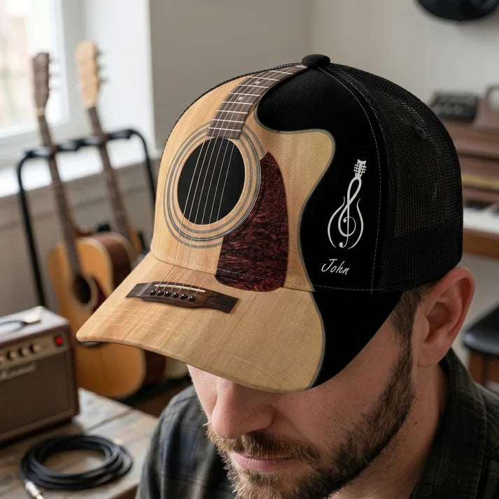 Personalized Classic Cap with Acoustic Guitar Design, Warm Wood Tones, Unique Gift for Guitarists