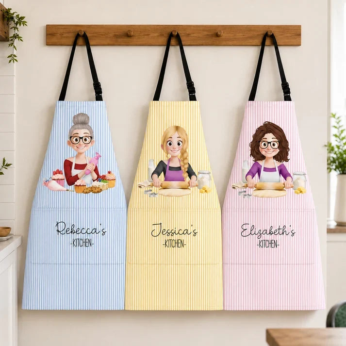 Personalized 4-Pocket Apron with Cartoon Woman Baking in a Pastel Kitchen, Unique Gift for Home Cooks