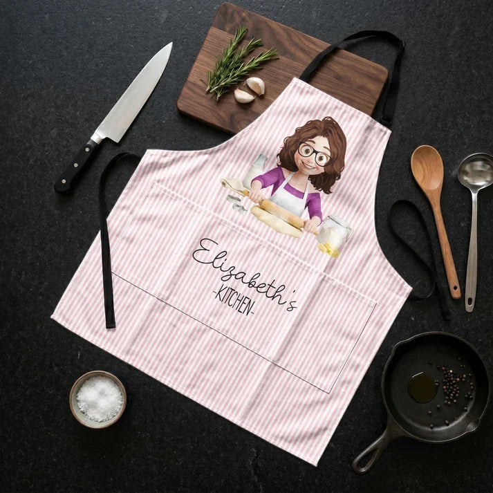 Personalized 4-Pocket Apron with Cartoon Woman Baking in a Pastel Kitchen, Unique Gift for Home Cooks