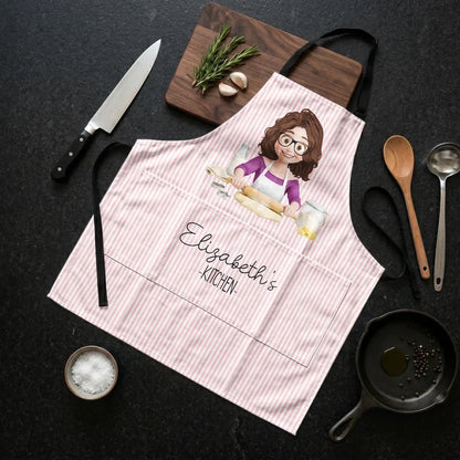 Personalized 4-Pocket Apron with Cartoon Woman Baking in a Pastel Kitchen, Unique Gift for Home Cooks