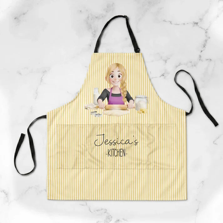 Personalized 4-Pocket Apron with Cartoon Woman Baking in a Pastel Kitchen, Unique Gift for Home Cooks