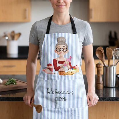 Personalized 4-Pocket Apron with Cartoon Woman Baking in a Pastel Kitchen, Unique Gift for Home Cooks