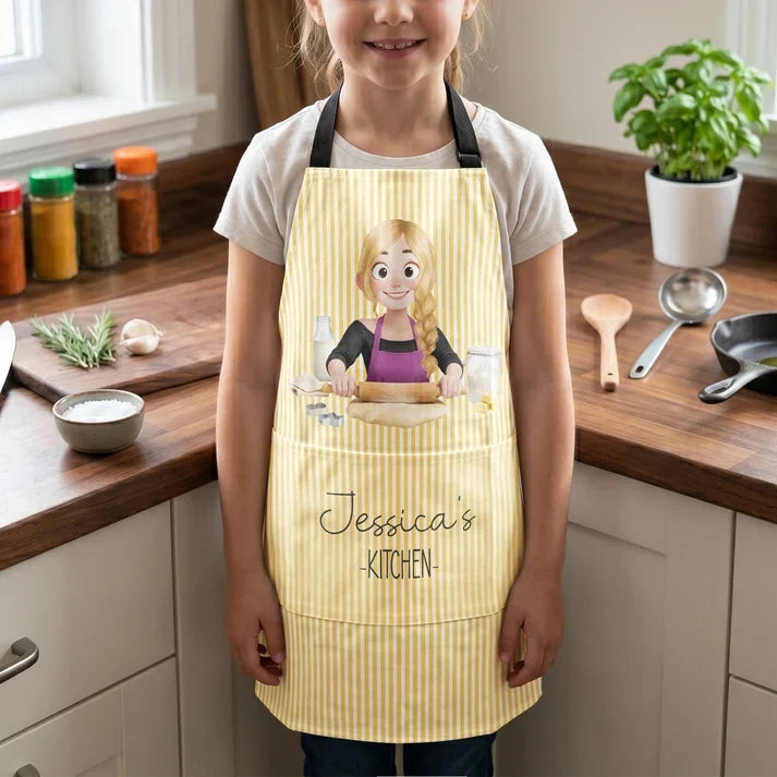 Personalized 4-Pocket Apron with Cartoon Woman Baking in a Pastel Kitchen, Unique Gift for Home Cooks