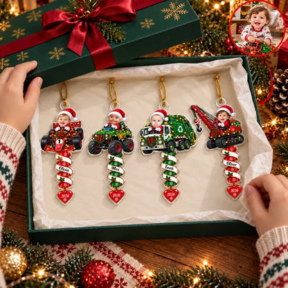 Personalized Acrylic Ornament with Festive Construction Vehicles and Spiral Design, Unique Christmas Gift for Kids