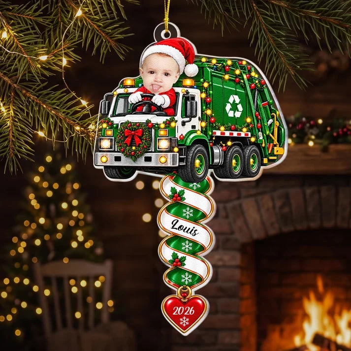 Personalized Acrylic Ornament with Festive Construction Vehicles and Spiral Design, Unique Christmas Gift for Kids