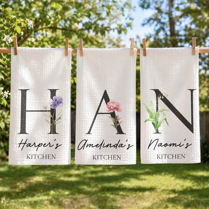 Personalized Birth Flower Kitchen Towel With Monogram, Sunlit Garden Decor, Unique Gift for Home Cooks