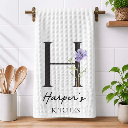 Personalized Birth Flower Kitchen Towel With Monogram, Sunlit Garden Decor, Unique Gift for Home Cooks