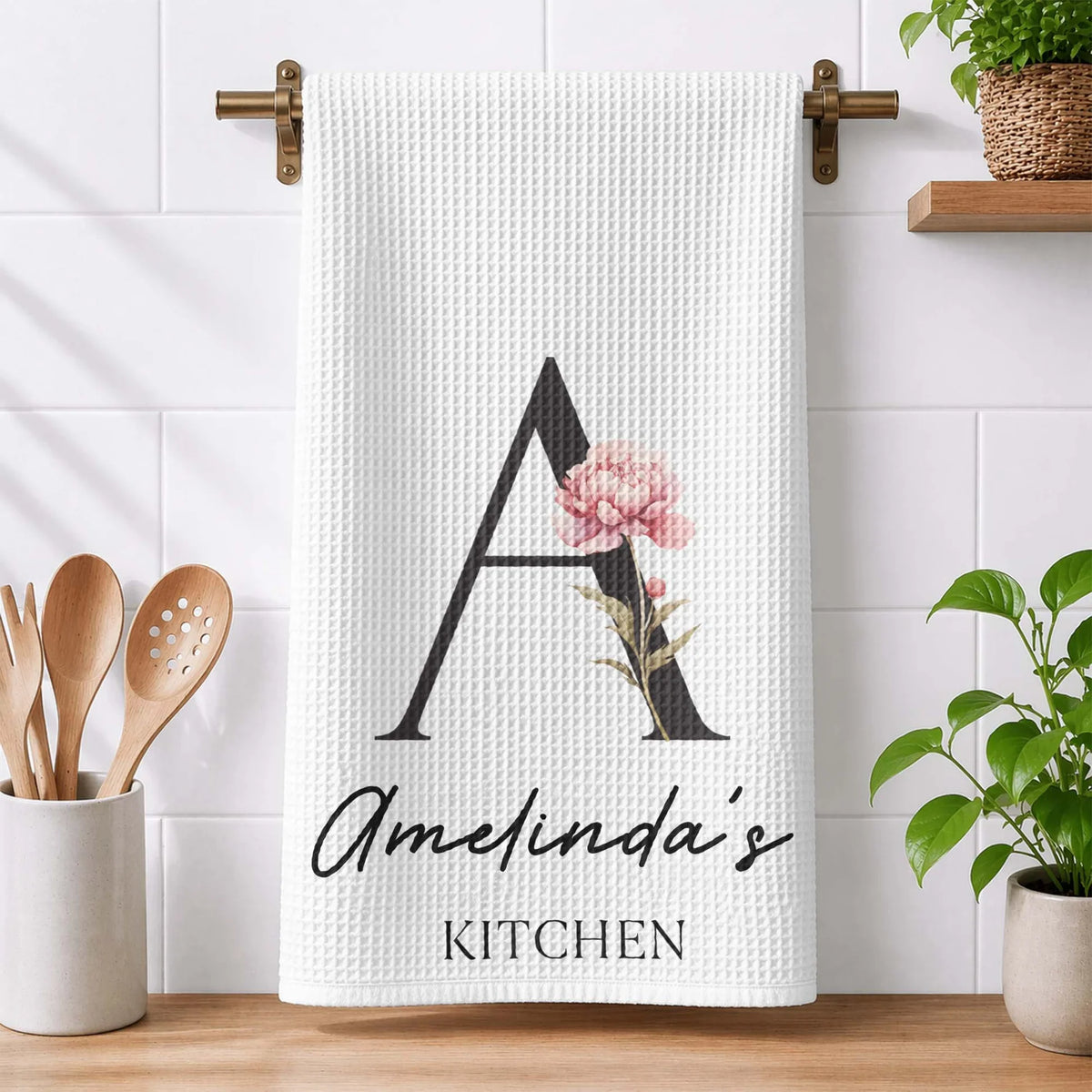 Personalized Birth Flower Kitchen Towel With Monogram, Sunlit Garden Decor, Unique Gift for Home Cooks