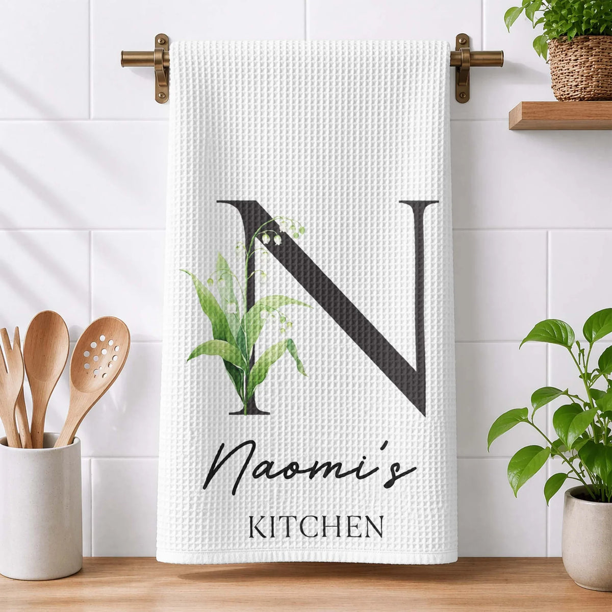 Personalized Birth Flower Kitchen Towel With Monogram, Sunlit Garden Decor, Unique Gift for Home Cooks