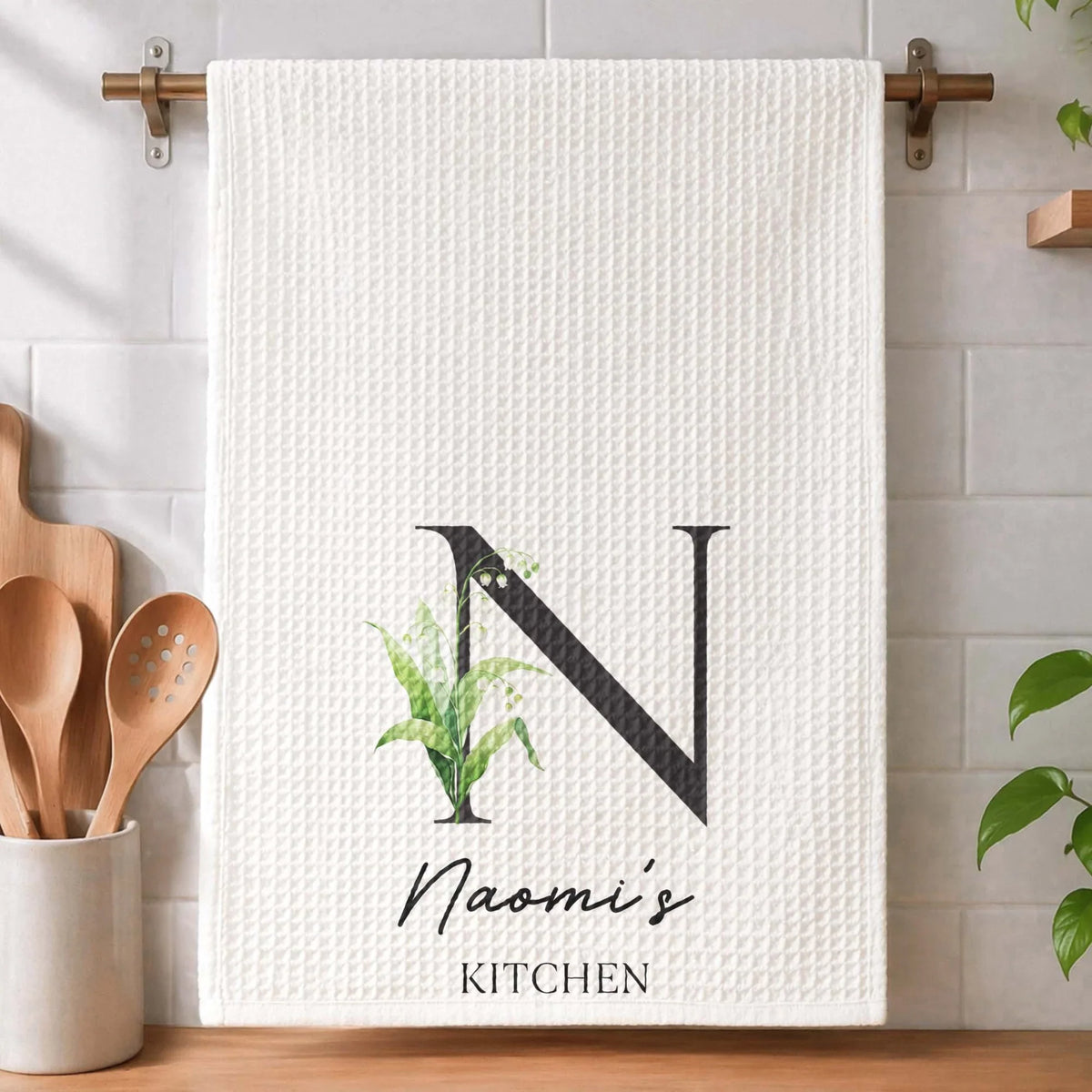 Personalized Birth Flower Kitchen Towel With Monogram, Sunlit Garden Decor, Unique Gift for Home Cooks