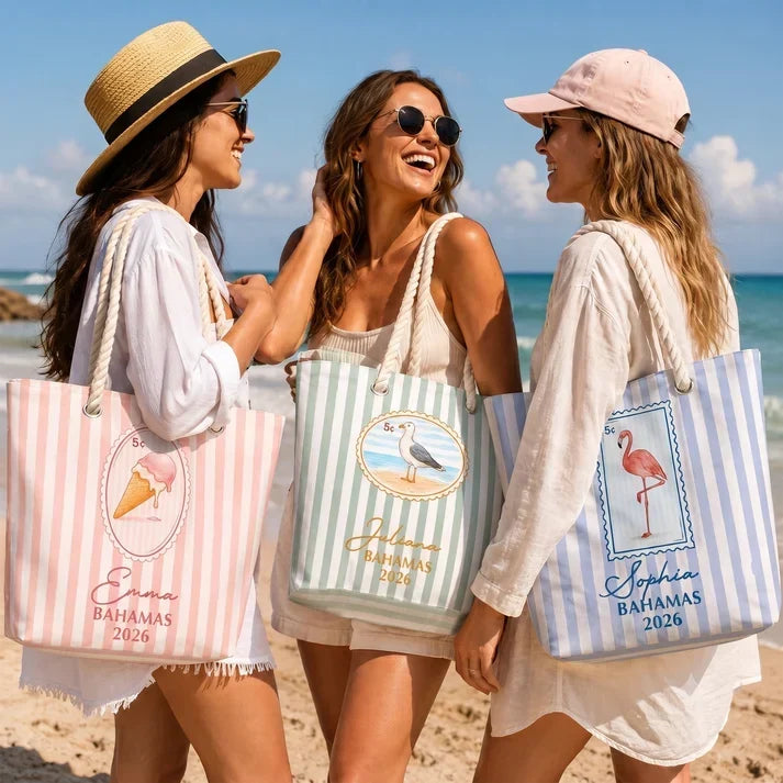 Personalized Rope Handle Canvas Bag, Pastel Design for Laughing Friends on a Sunny Beach, Unique Travel Gift