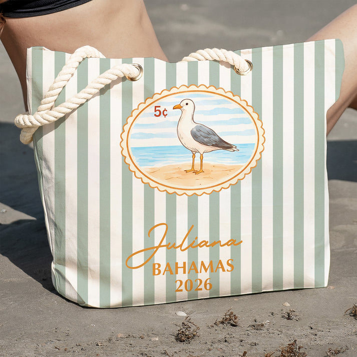 Personalized Rope Handle Canvas Bag, Pastel Design for Laughing Friends on a Sunny Beach, Unique Travel Gift
