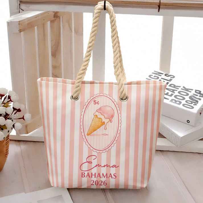 Personalized Rope Handle Canvas Bag, Pastel Design for Laughing Friends on a Sunny Beach, Unique Travel Gift