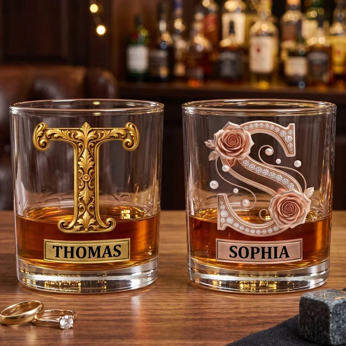 Personalized Whiskey Glass with Ornate Vintage Design, Unique Gift for Couples and Whiskey Lovers