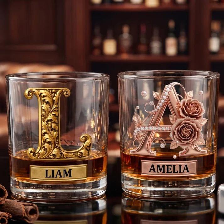 Personalized Whiskey Glass with Ornate Vintage Design, Unique Gift for Couples and Whiskey Lovers