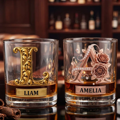 Personalized Whiskey Glass with Ornate Vintage Design, Unique Gift for Couples and Whiskey Lovers