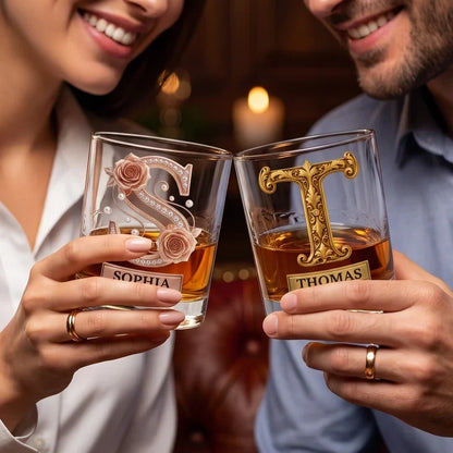 Personalized Whiskey Glass with Ornate Vintage Design, Unique Gift for Couples and Whiskey Lovers