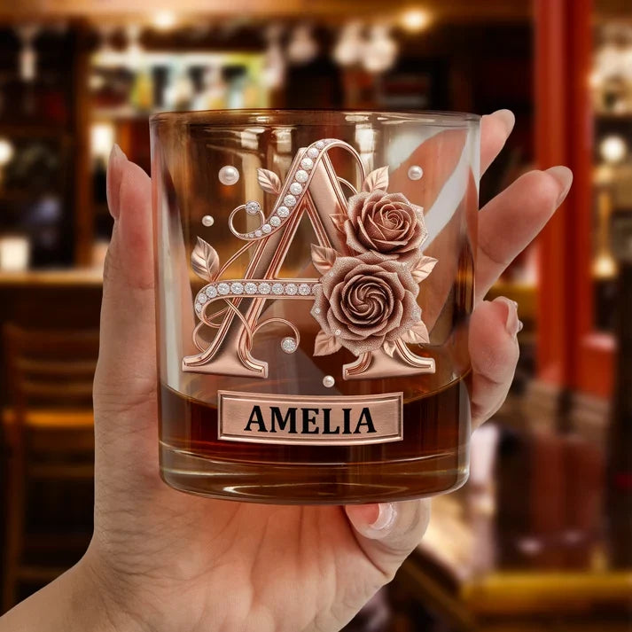 Personalized Whiskey Glass with Ornate Vintage Design, Unique Gift for Couples and Whiskey Lovers