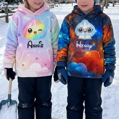 Personalized Youth Hoodie with Rainbow Dumpling Art for Kids Playing in a Snowy Park, Unique Gift