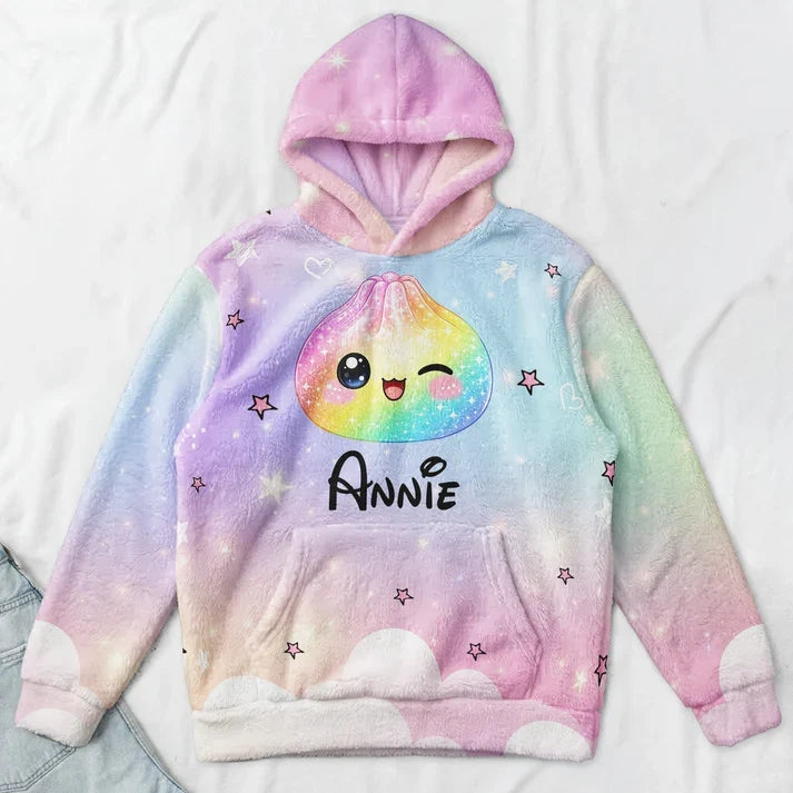 Personalized Youth Hoodie with Rainbow Dumpling Art for Kids Playing in a Snowy Park, Unique Gift