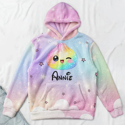 Personalized Youth Hoodie with Rainbow Dumpling Art for Kids Playing in a Snowy Park, Unique Gift