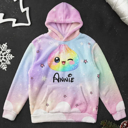 Personalized Youth Hoodie with Rainbow Dumpling Art for Kids Playing in a Snowy Park, Unique Gift