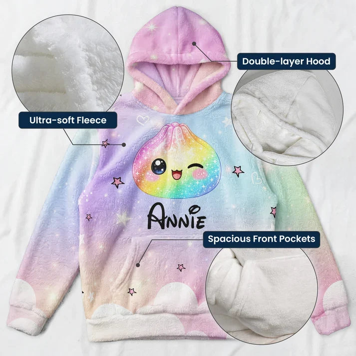 Personalized Youth Hoodie with Rainbow Dumpling Art for Kids Playing in a Snowy Park, Unique Gift