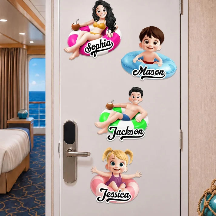 Personalized Acrylic Magnet, Vibrant Pool Float Cartoon for Cruise Cabin Door Decor, Unique Family Travel Gift