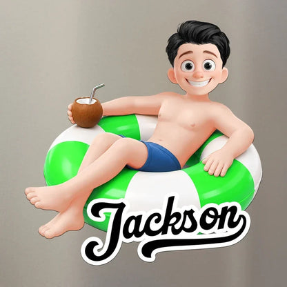 Personalized Acrylic Magnet, Vibrant Pool Float Cartoon for Cruise Cabin Door Decor, Unique Family Travel Gift